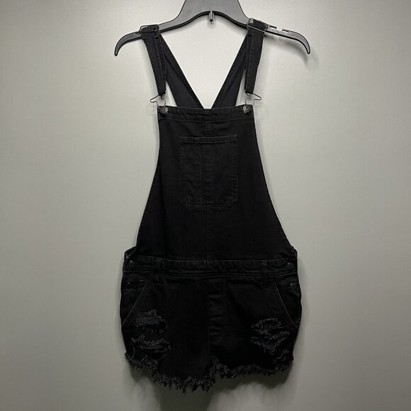 American Eagle Women’s M Cutoff Short Overalls With Bib Distressed Black - Picture 1 of 9